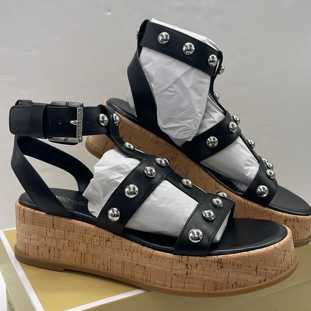 MICHAEL KORS Selah Studded Platform Gladiator Silver Studded Sandal Black New
